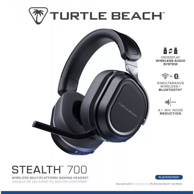 Turtle Beach Stealth 700 Schwarz PlayStation Wireless Gaming Headset mit bis zu 80 Stunden Akkulaufzeit, Bluetooth, Dual-Transmittern und 60-mm-Treibern für PS5, PS4, PC und Mobilgeräte