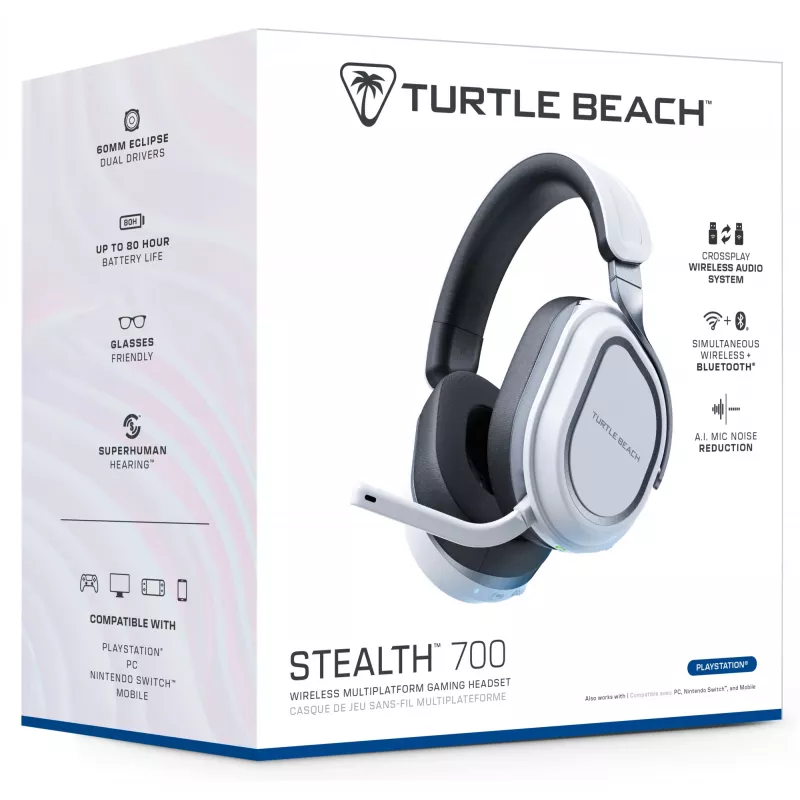 Turtle Beach Stealth 700 Weiß PlayStation Wireless Gaming-Headset mit bis zu 80 Stunden Akku, Bluetooth, zwei Sendern und 60-mm-Lautsprechern für PS5, PS4, PC und Mobilgeräte