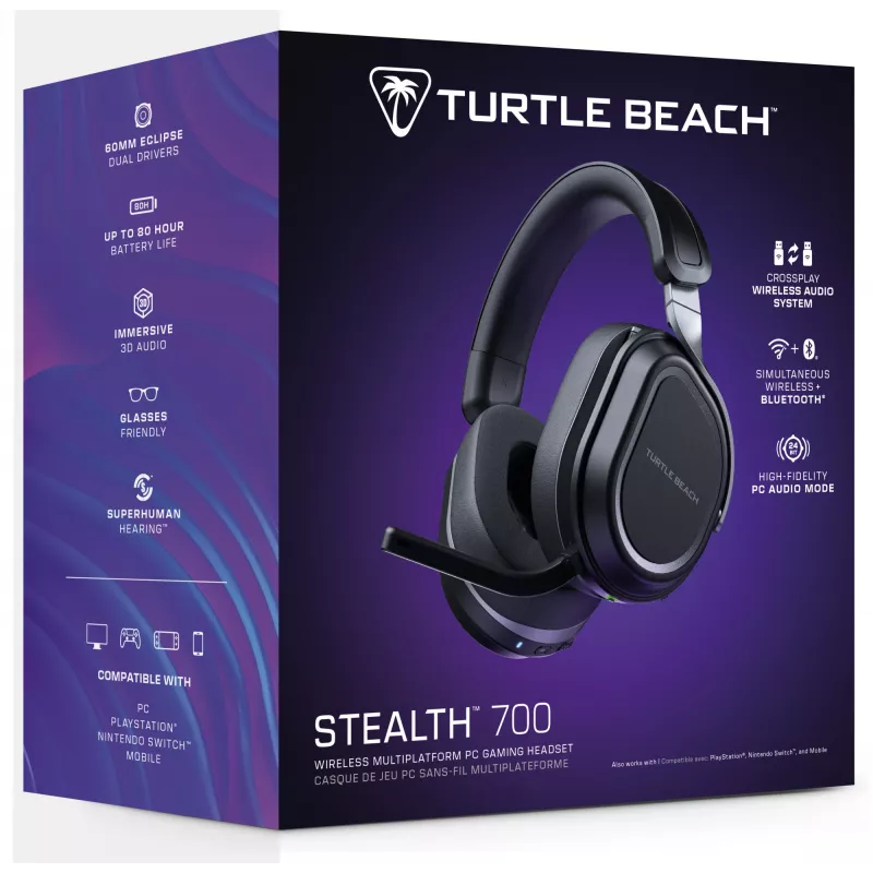 Turtle Beach Stealth 700 Schwarz Kabelloses PC-Gaming-Headset mit bis zu 80 Stunden Akkulaufzeit, Bluetooth, zwei Sendern und 60-mm-Lautsprechern für PC, PS5, PS4 und Mobilgeräte