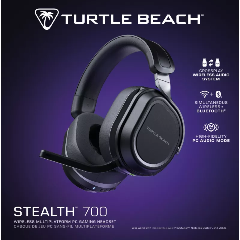 Turtle Beach Stealth 700 Schwarz Kabelloses PC-Gaming-Headset mit bis zu 80 Stunden Akkulaufzeit, Bluetooth, zwei Sendern und 60-mm-Lautsprechern für PC, PS5, PS4 und Mobilgeräte