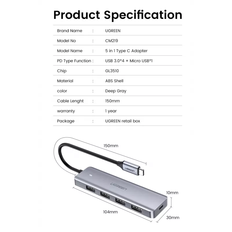 Ugreen 70336 Schnittstellen-Hub USB 3.2 Gen 1 (3.1 Gen 1) Typ-C 5000 Mbit/s