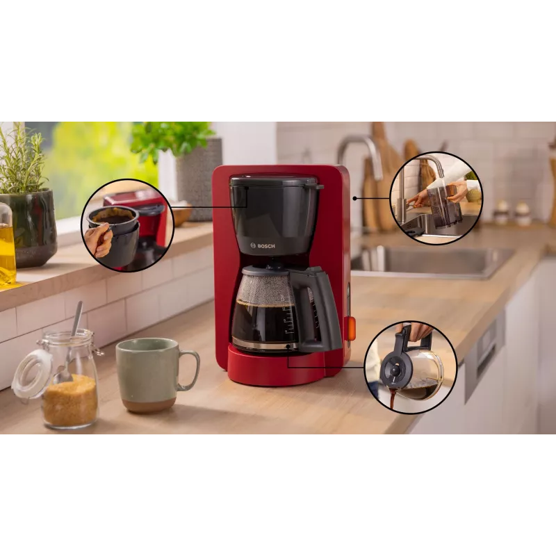 Filterkaffeemaschine Bosch TKA3M134 — 1,4 l Wassertank, 15 Tassen Kapazität, rot