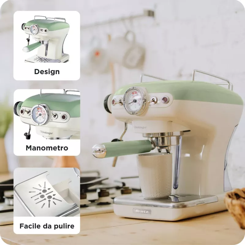 Ariete 1389 Vintage Espressomaschine - Espressomaschine für gemahlenen Kaffee oder ESE-Pads, in pastellgrüner Farbe