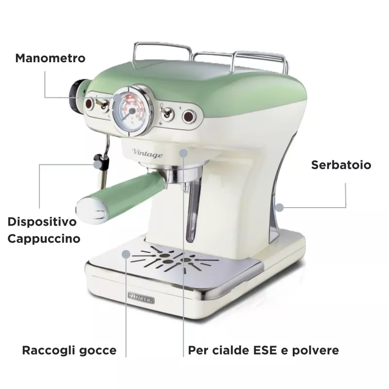 Ariete 1389 Vintage Espressomaschine - Espressomaschine für gemahlenen Kaffee oder ESE-Pads, in pastellgrüner Farbe