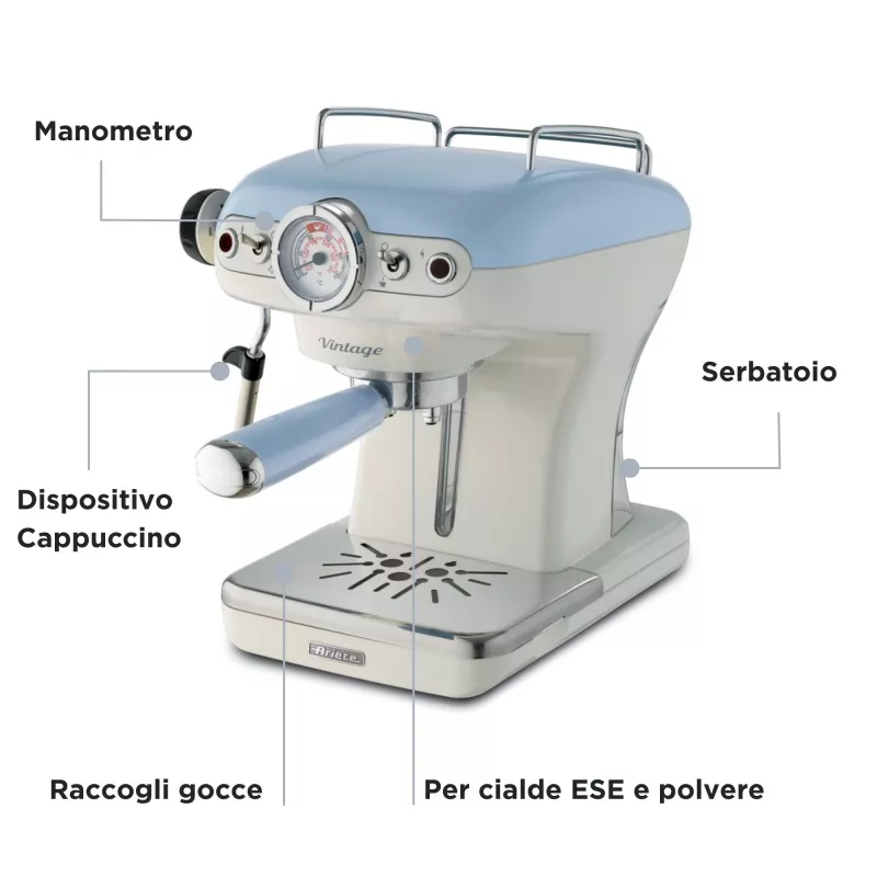 Ariete 1389 Vintage Espresso-Kaffeemaschine - Espressomaschine für Kaffeepulver oder ESE-Pads, in pastellblau