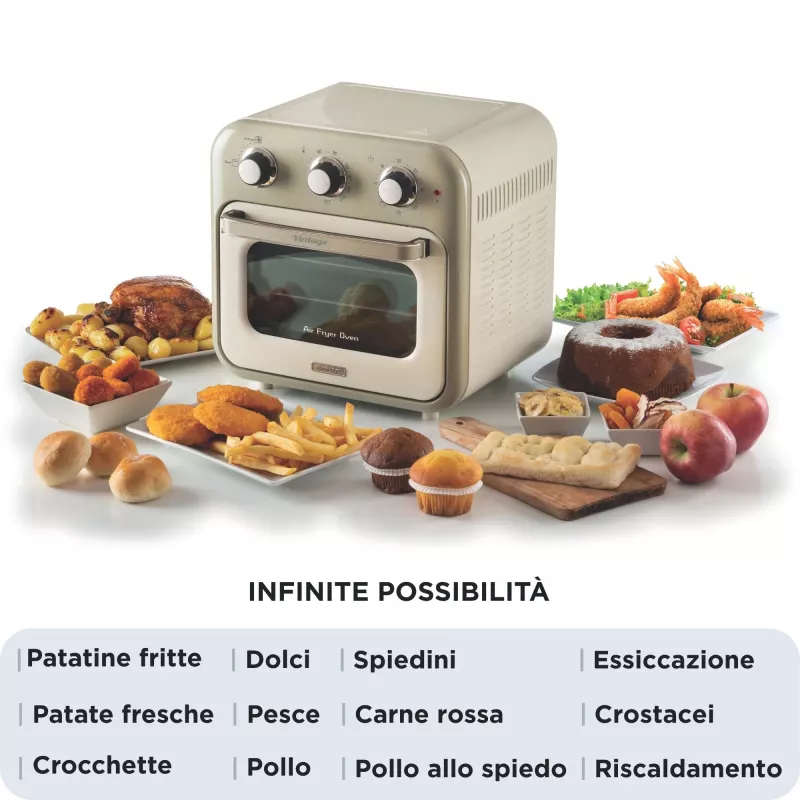 Ariete 4632 Heißluftfritteuse und Backofen Vintage, 1400W, 2in1, Fassungsvermögen 16L, Zubehör inklusive, Timer 60 Minuten, Doppelglas, Beige