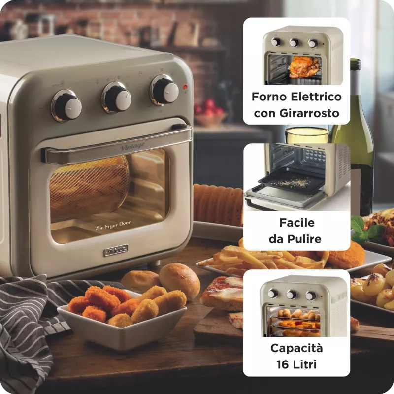 Ariete 4632 Heißluftfritteuse und Backofen Vintage, 1400W, 2in1, Fassungsvermögen 16L, Zubehör inklusive, Timer 60 Minuten, Doppelglas, Beige
