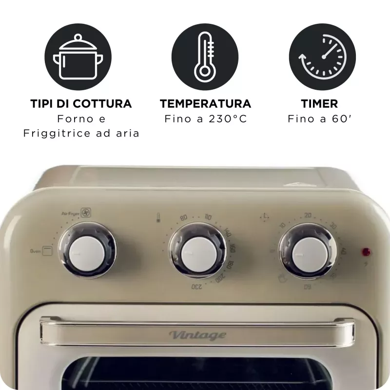 Ariete 4632 Heißluftfritteuse und Backofen Vintage, 1400W, 2in1, Fassungsvermögen 16L, Zubehör inklusive, Timer 60 Minuten, Doppelglas, Beige