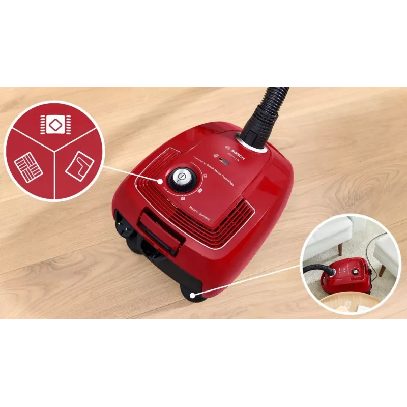Bodenstaubsauger Bosch Serie 4 BGD38RD1H, 600 W, 4 L Staubbeutel, Trockenreinigung, rot