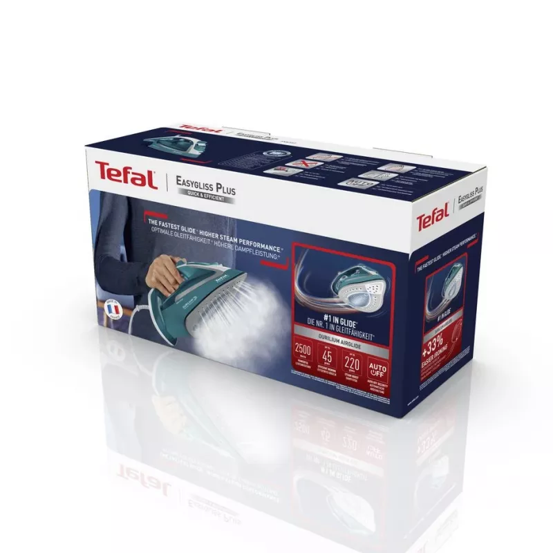 Tefal EasyGliss Plus FV5737 Trocken- & Dampfbügeleisen Durilium-Bügelsohle 2500 W Türkis, Weiß