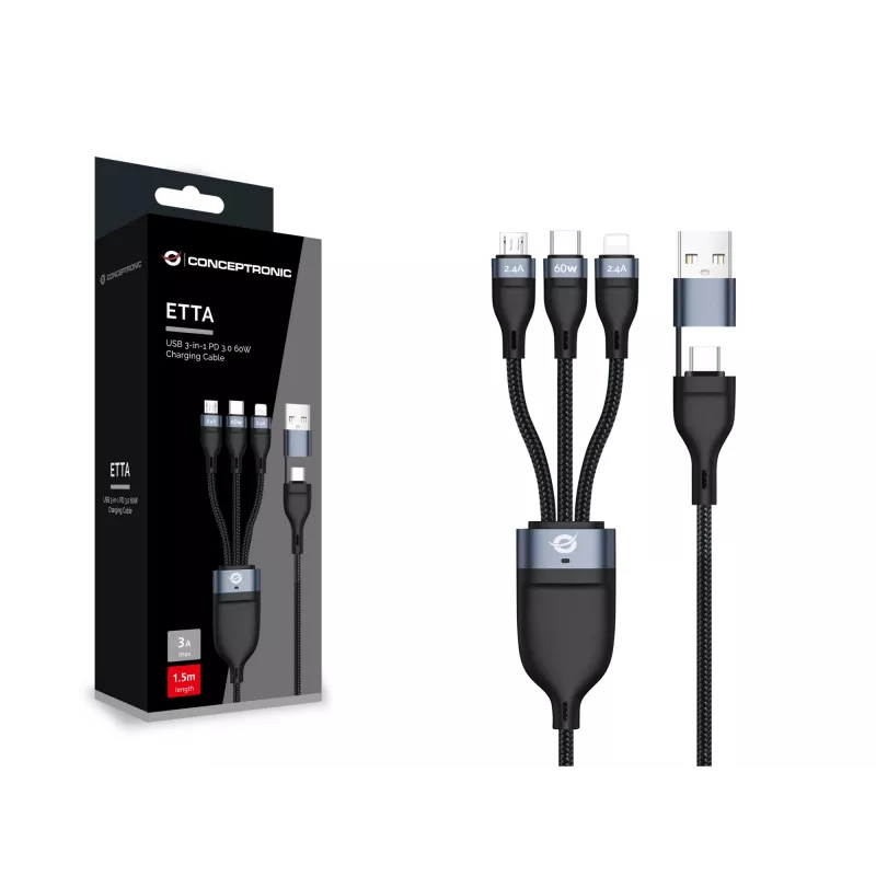 Conceptronic ETTA05B15 USB 3-in-1 PD 3.0 60W Ladekabel 1,5 m, 20V 3A, 480Mbps
