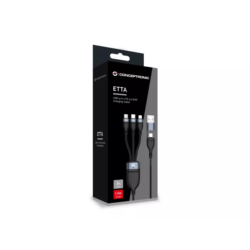 Conceptronic ETTA05B15 USB 3-in-1 PD 3.0 60W Ladekabel 1,5 m, 20V 3A, 480Mbps