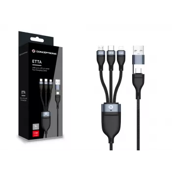 Conceptronic ETTA06B15 USB 3-in-1 PD 3.0 100W Schnellladekabel 1,5 m, 20V 5A, 480 Mbit/s, E-Mark