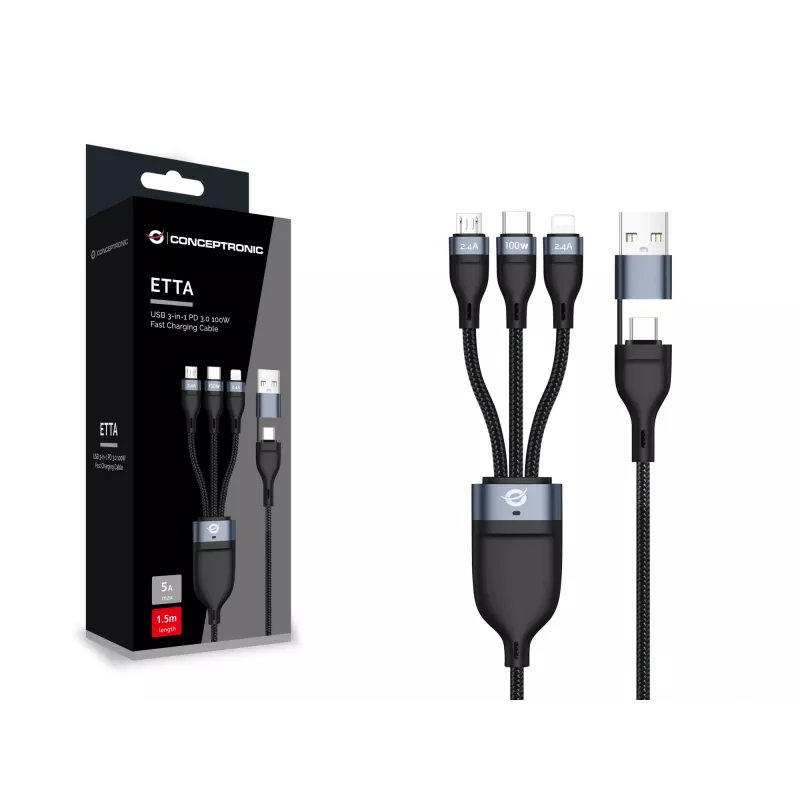 Conceptronic ETTA06B15 USB 3-in-1 PD 3.0 100W Schnellladekabel 1,5 m, 20V 5A, 480 Mbit/s, E-Mark