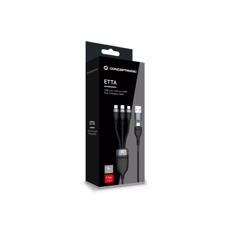 Conceptronic ETTA06B15 USB 3-in-1 PD 3.0 100W Schnellladekabel 1,5 m, 20V 5A, 480 Mbit/s, E-Mark