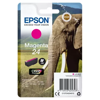 Epson Elephant Einzelpackung Magenta 24 Claria Photo HD Tinte, Standardertrag, Magenta, Pigmenttinte, 4,6 ml, 1 Stück, 360 Seiten