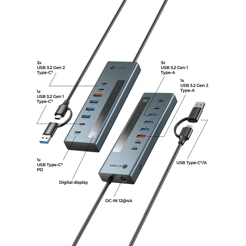 RAIDSONIC ICY BOX 9-in-1 Hub mit Power Delivery, USB 3.2 Gen 2 Typ-C/Typ-A Host, Aluminium, blau