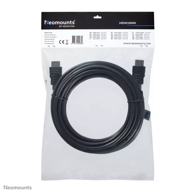 Neomounts HDMI15MM HDMI-Kabel – 5 Meter, 5 m, HDMI Typ A (Standard), HDMI Typ A (Standard), 10,2 Gbit/s, Schwarz