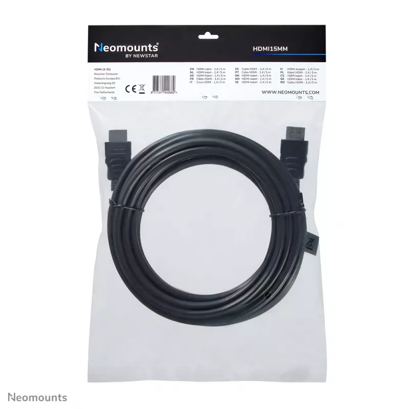 Neomounts HDMI15MM HDMI-Kabel – 5 Meter, 5 m, HDMI Typ A (Standard), HDMI Typ A (Standard), 10,2 Gbit/s, Schwarz