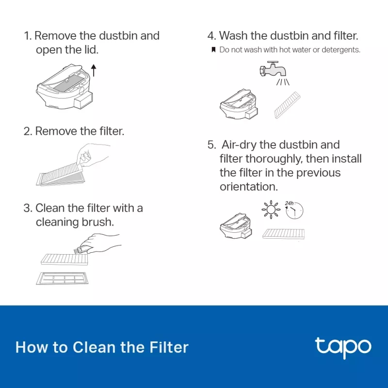 Zubehörset für TP-Link Tapo RVA100 Saugroboter — 2 waschbare HEPA-Filter, Hauptbürste, 2 Seitenbürsten (schwarz/weiß)