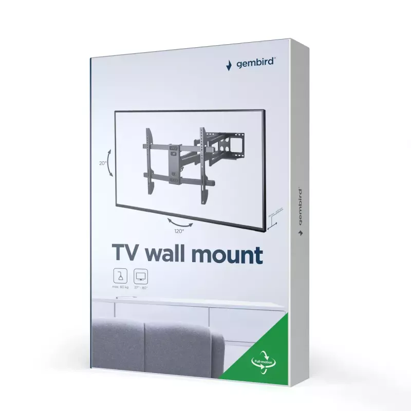 TV-Wandhalterung Gembird WM-80ST-02 — fest/neigbar, 37 Zoll–80 Zoll, VESA bis 600x400, 60 kg, schwarz
