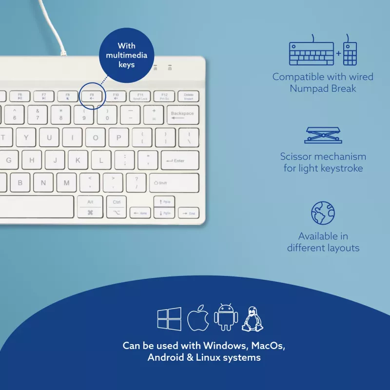 R-Go Tools Ergonomische Tastatur R-Go Compact Break, kompakte Tastatur mit Pausensoftware, QWERTY (US), kabelgebunden, weiß
