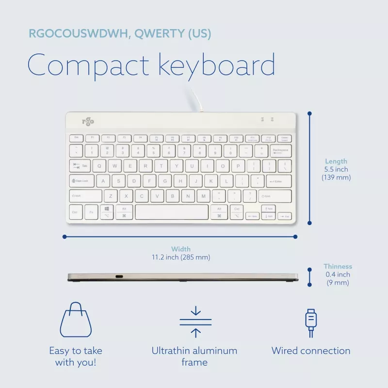 R-Go Tools Ergonomische Tastatur R-Go Compact Break, kompakte Tastatur mit Pausensoftware, QWERTY (US), kabelgebunden, weiß