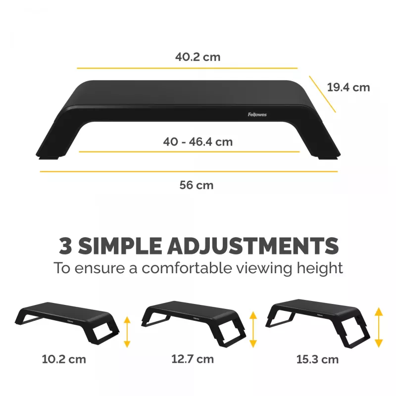 Fellowes Computer Monitor Stand mit 3 Höhenverstellungen - Hana LT Monitorerhöhung - Ergonomischer verstellbarer Monitorständer für Computer - Max. Gewicht 22,6 kg - Schwarz