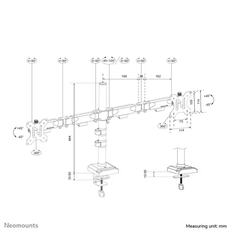 Neomounts DS60-600BL2 Monitorarm 10-32 Zoll - Schnellfixierung - 180°-Anschlag