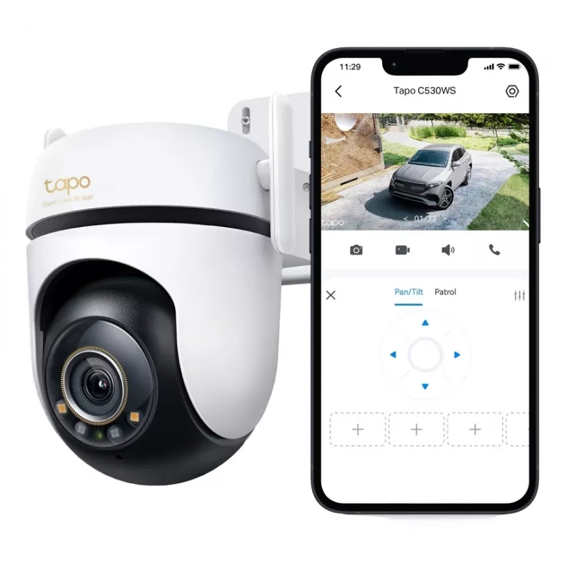 TP-Link Outdoor Pan/Tilt Sicherheits-Wi-Fi-Kamera SPEZ: 3K 5MP (2880x1620), 2,4 GHz, 2 × externe Antennen, 1 × Ethernet-Anschluss, horizontal 360°