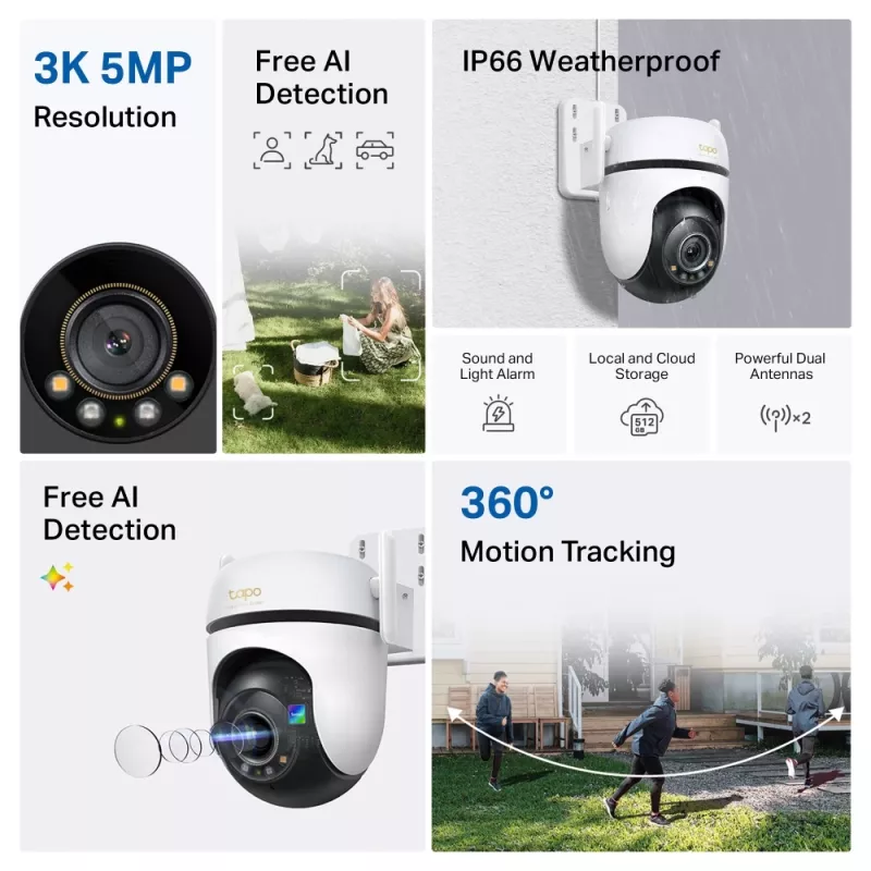 TP-Link Outdoor Pan/Tilt Sicherheits-Wi-Fi-Kamera SPEZ: 3K 5MP (2880x1620), 2,4 GHz, 2 × externe Antennen, 1 × Ethernet-Anschluss, horizontal 360°