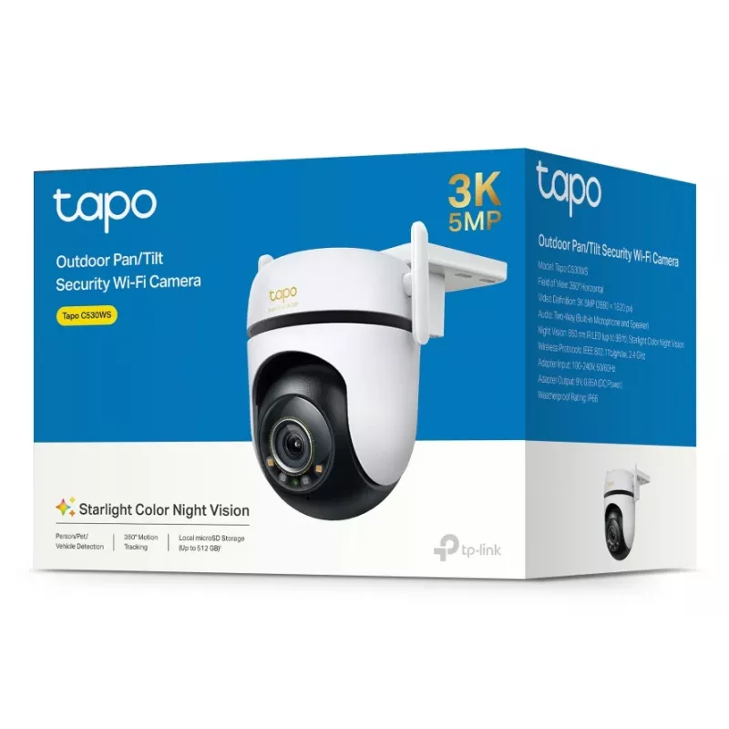 TP-Link Outdoor Pan/Tilt Sicherheits-Wi-Fi-Kamera SPEZ: 3K 5MP (2880x1620), 2,4 GHz, 2 × externe Antennen, 1 × Ethernet-Anschluss, horizontal 360°