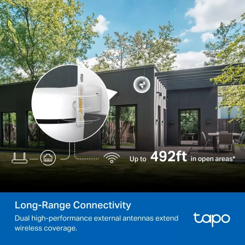 TP-Link Outdoor Pan/Tilt Sicherheits-Wi-Fi-Kamera SPEZ: 3K 5MP (2880x1620), 2,4 GHz, 2 × externe Antennen, 1 × Ethernet-Anschluss, horizontal 360°