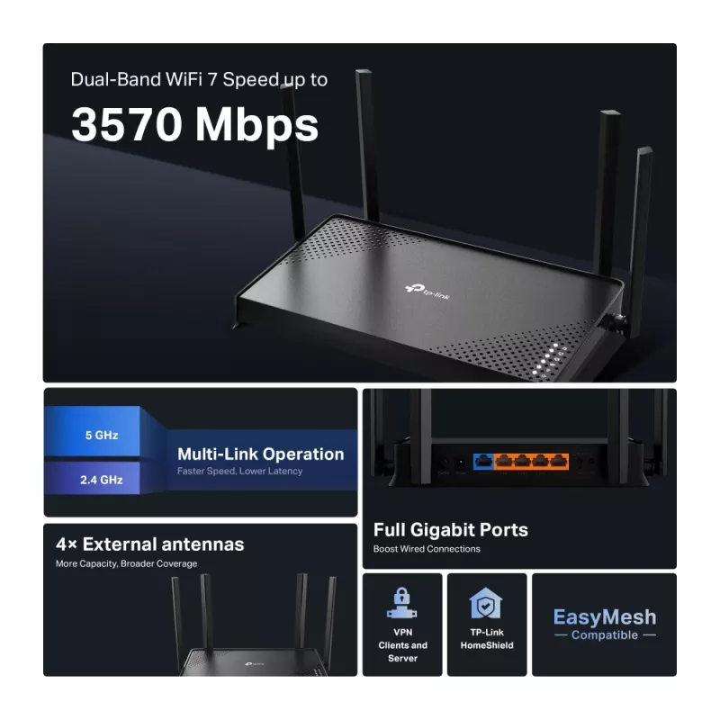 TP-Link Archer BE220 WLAN-Router Gigabit Ethernet Dualband (2,4 GHz / 5 GHz) Schwarz