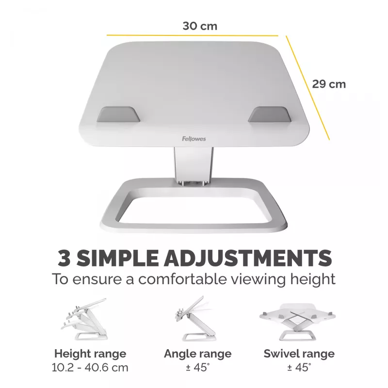 Fellowes Laptopstand für den Schreibtisch – Hana LT Laptopständer für Zuhause und das Büro – Verstellbarer Laptopständer mit 3 Höheneinstellungen – Max. Monitorgröße 19 Zoll, Max. Gewicht 4,5 kg – Weiß