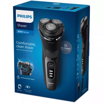 Elektrischer Rotationsrasierer Philips 3000 Series S3244/12 – 3 Scherköpfe, Nass & Trocken, Li‑Ion, 60 Min. Laufzeit, Pop‑up-Trimmer, waschbar, schwarz