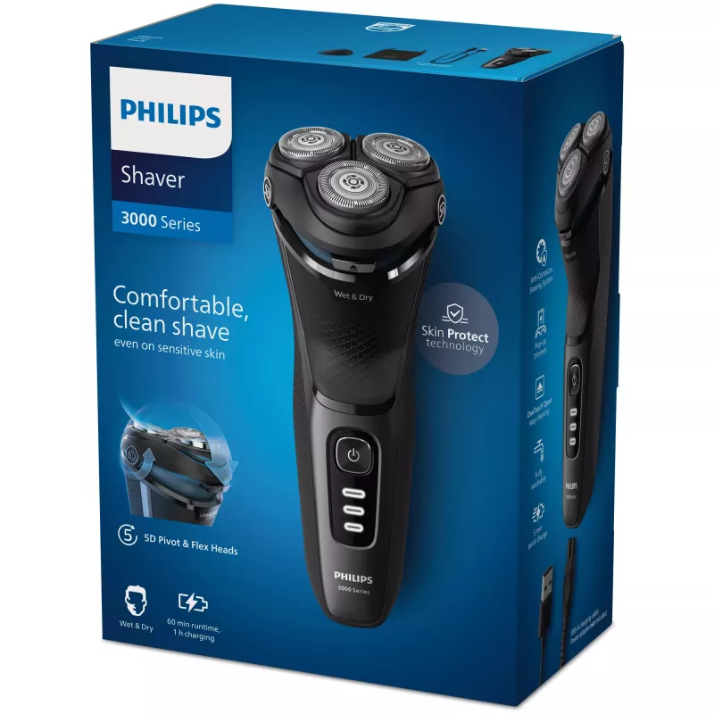 Elektrischer Rotationsrasierer Philips 3000 Series S3244/12 – 3 Scherköpfe, Nass & Trocken, Li‑Ion, 60 Min. Laufzeit, Pop‑up-Trimmer, waschbar, schwarz