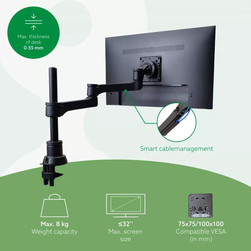 R-Go Tools Monitorarm R-Go Zepher Single, voll einstellbar, 0–8 kg Tragkraft, 100 % zirkulär, schwarz