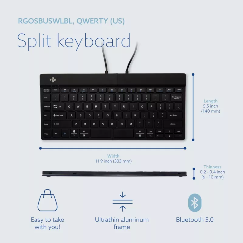 R-Go Tools Ergonomische Tastatur R-Go Split Break mit Pausensoftware, ergonomische geteilte Tastatur, QWERTY (US), Bluetooth, schwarz