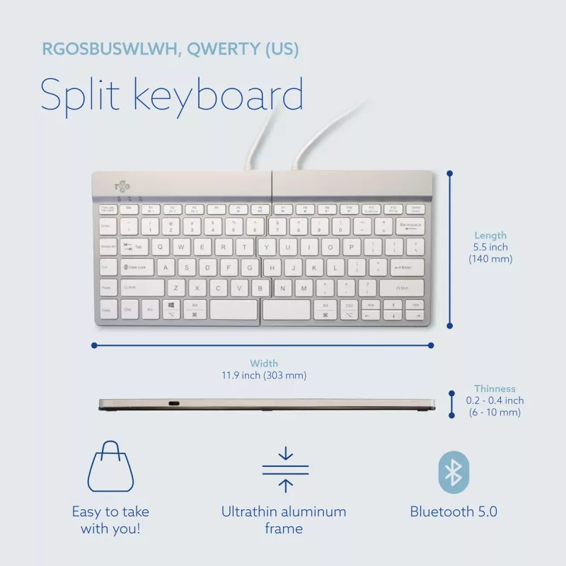 R-Go Tools Ergonomische Tastatur R-Go Split Break mit Pausensoftware, ergonomische geteilte Tastatur, QWERTY (US), Bluetooth, weiß