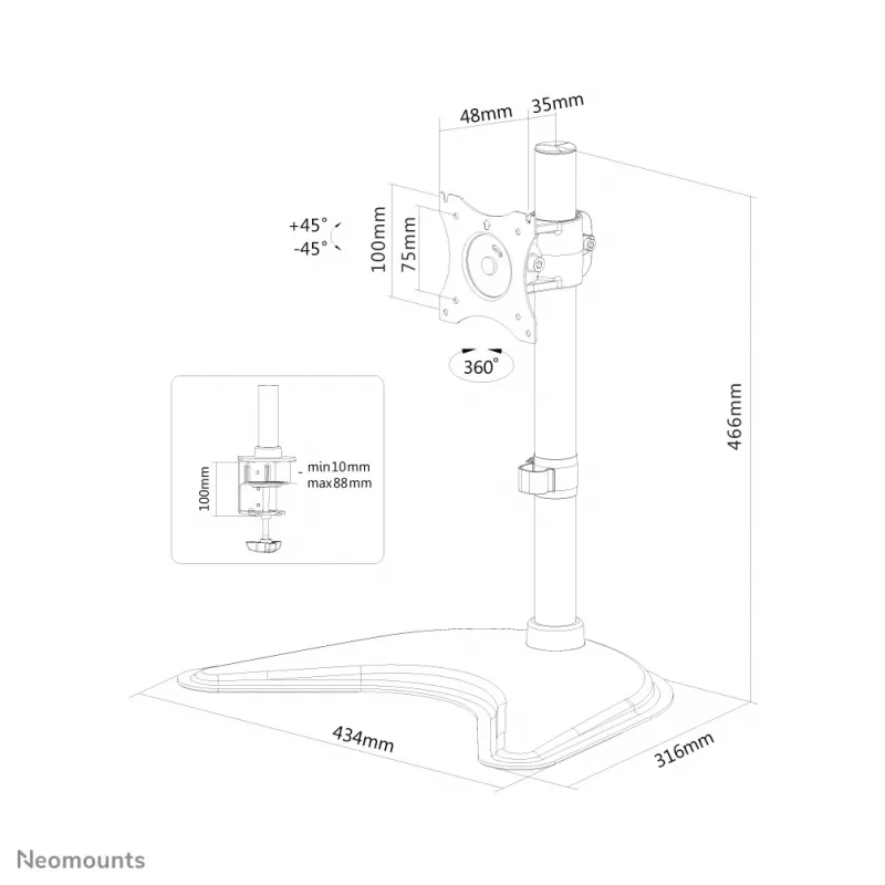 Neomounts NM-D335Schwarz Monitorhalterung 10-30 Zoll, Klemme/Freistehend/Tischdurchführung, 10 kg, 25,4 cm (10 Zoll), 76,2 cm (30 Zoll), 100 x 100 mm, Schwarz