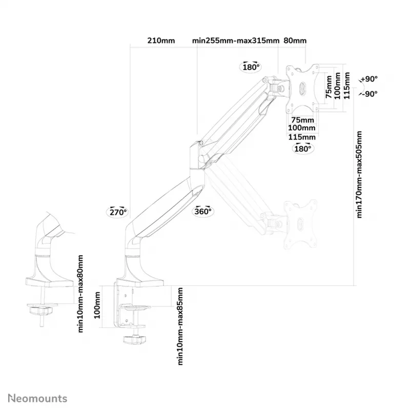 Neomounts NM-D750WHITE Monitorhalterung 25,4-81,3 cm (10-32 Zoll) – Gasfeder, Tischklemme/Tischdurchführung, 9 kg, 25.4 cm (10 Zoll), 81.3 cm (32 Zoll), 100 x 100 mm, Weiß