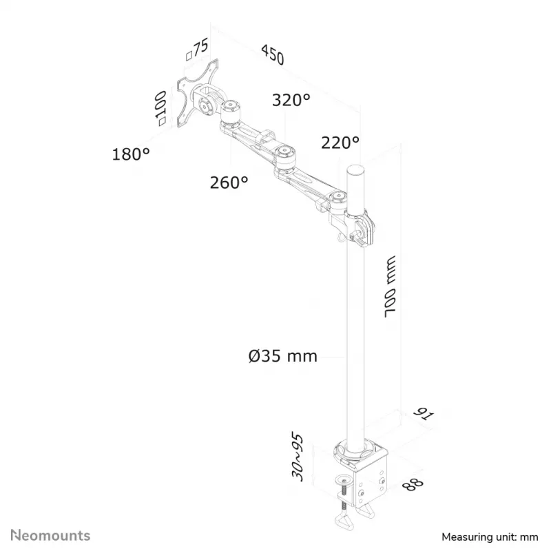 Neomounts FPMA-D935POLE70 Monitorarm 10-30 Zoll, Klemme, 10 kg, 25,4 cm (10 Zoll), 76,2 cm (30 Zoll), 100 x 100 mm, Silber
