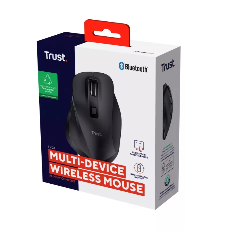 TRUST Fyda Office ergonomische rechte kabellose Maus – RF + Bluetooth 5.2 – optisch 2400 DPI – 6 Tasten – schwarz
