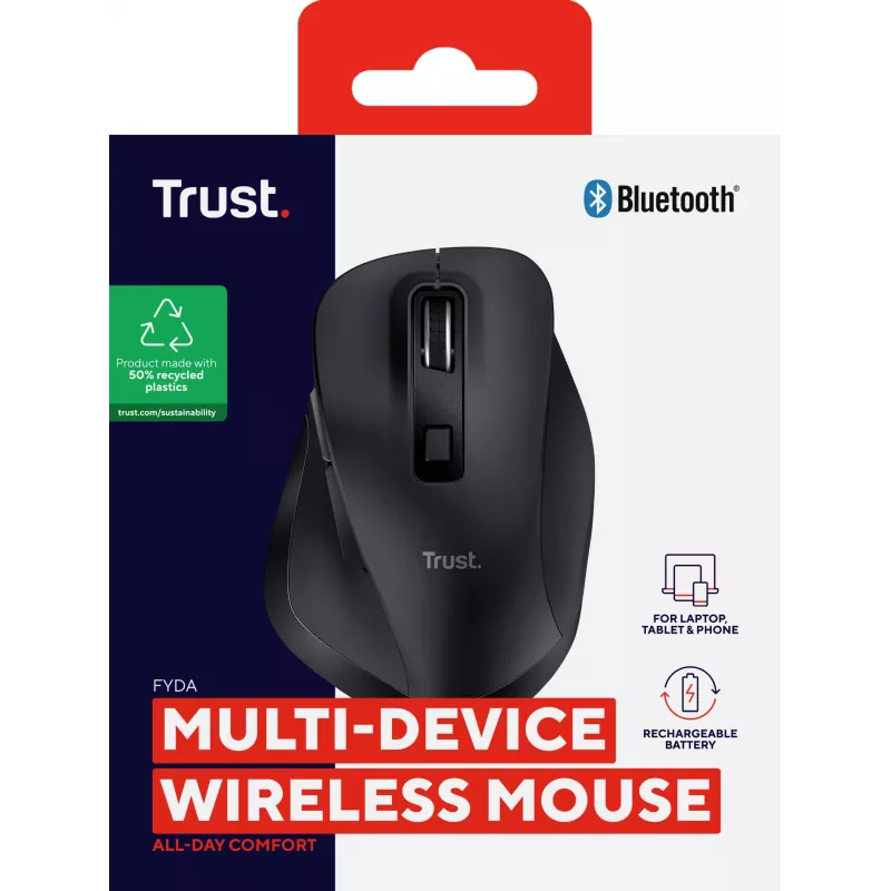 TRUST Fyda Office ergonomische rechte kabellose Maus – RF + Bluetooth 5.2 – optisch 2400 DPI – 6 Tasten – schwarz