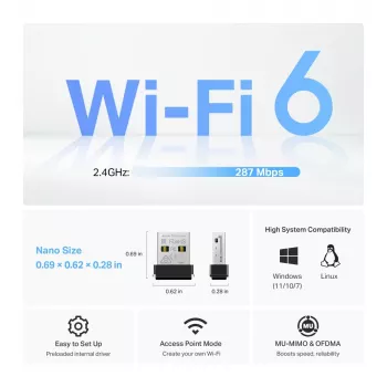 Kabelloser USB-Adapter TP‑Link Archer TX1U Nano Wi‑Fi 6 (IEEE 802.11ax) Dual‑Band 2,4/5 GHz, 287 Mbit/s, Bluetooth, USB 2.0, Schwarz
