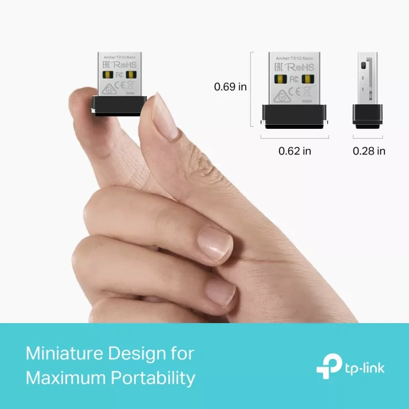 Kabelloser USB-Adapter TP‑Link Archer TX1U Nano Wi‑Fi 6 (IEEE 802.11ax) Dual‑Band 2,4/5 GHz, 287 Mbit/s, Bluetooth, USB 2.0, Schwarz
