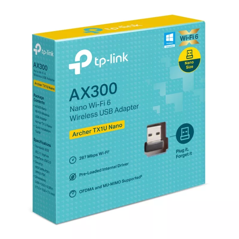 Kabelloser USB-Adapter TP‑Link Archer TX1U Nano Wi‑Fi 6 (IEEE 802.11ax) Dual‑Band 2,4/5 GHz, 287 Mbit/s, Bluetooth, USB 2.0, Schwarz