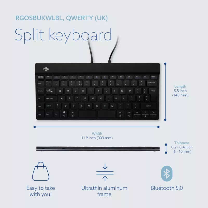 R-Go Tools Ergonomische Tastatur R-Go Split Break mit Pausensoftware, ergonomische geteilte Tastatur, QWERTY (UK), Bluetooth, Schwarz
