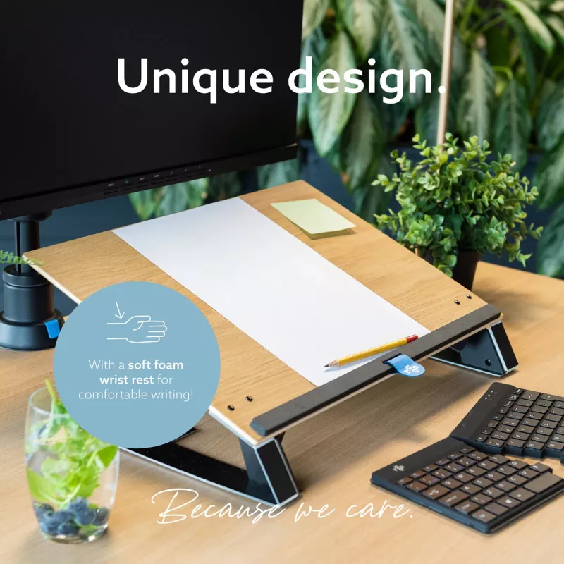 R-Go Tools Dokumentenhalter R-Go Read2Write, geeignet zum Lesen und Schreiben, ergonomisch, mit weicher Schaumstoff-Handgelenkauflage, Eichenholz